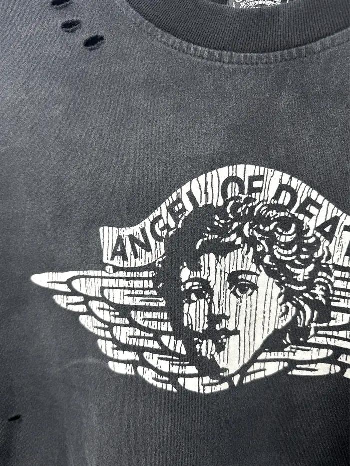 Vintage petit ange trou Saint manches longues lavé t-shirt hommes femmes haute qualité t-shirt hauts