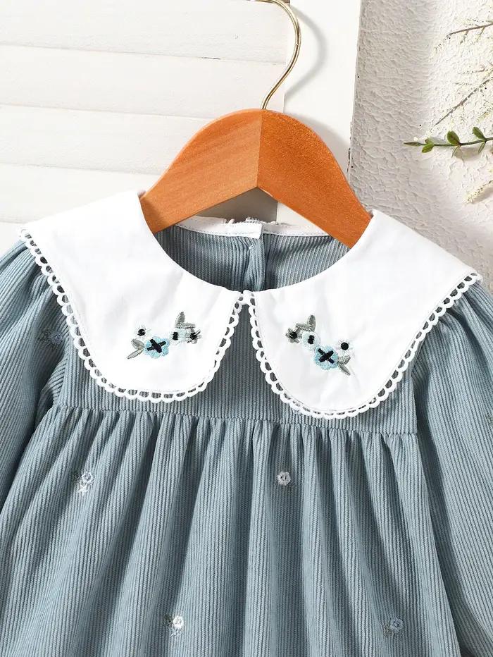 Robe en velours côtelé brodée de fleurs pour jeunes enfants, col brodé bicolore, robe à manches long