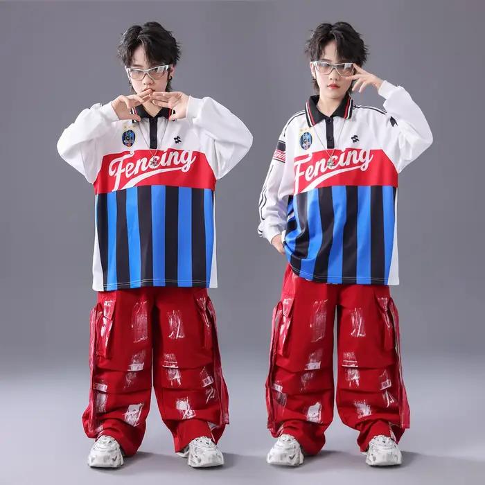 Ensemble hip-hop K-pop pour fille - T-shirt rayures patchwork et pantalon cargo danse streetwear