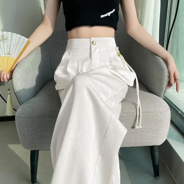 Nouveau Style chinois Jacquard jambe large Satin pantalon pour femmes élégant solide bureau dame déc