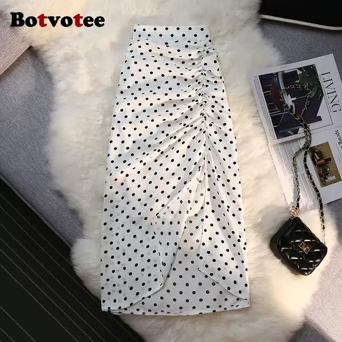 Botvotee Sexy Vintage Pokal Dot imprimé trompette jupe Midi pour les femmes dos élastique côté fendu