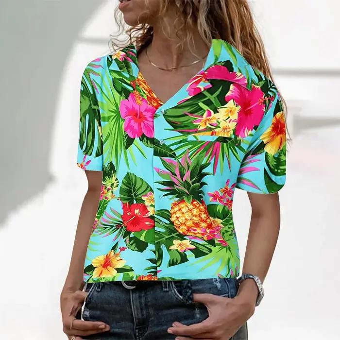 Funky femmes chemise hawaïenne poche frontale feuilles fleurs ananas imprimé femmes hauts et chemisi