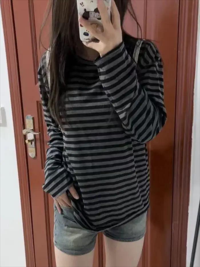 T-shirt manches longues pour femmes, vêtements japonais Y2k, hauts rayés, ample et fin, Grunge des a