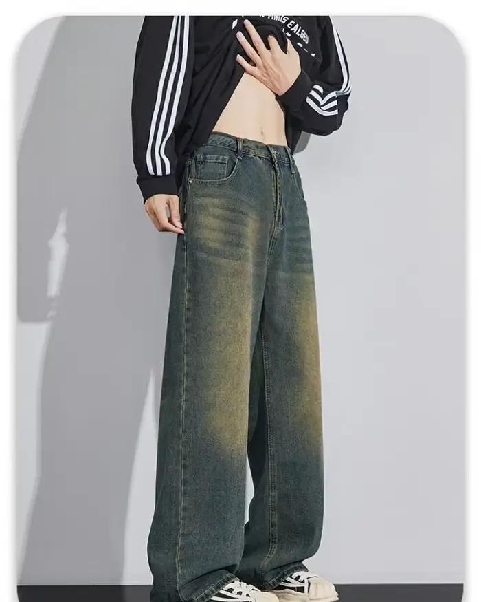 Nouveau jean couteau courbé pour hommes américain rétro lavé en détresse pantalon à jambes larges qu