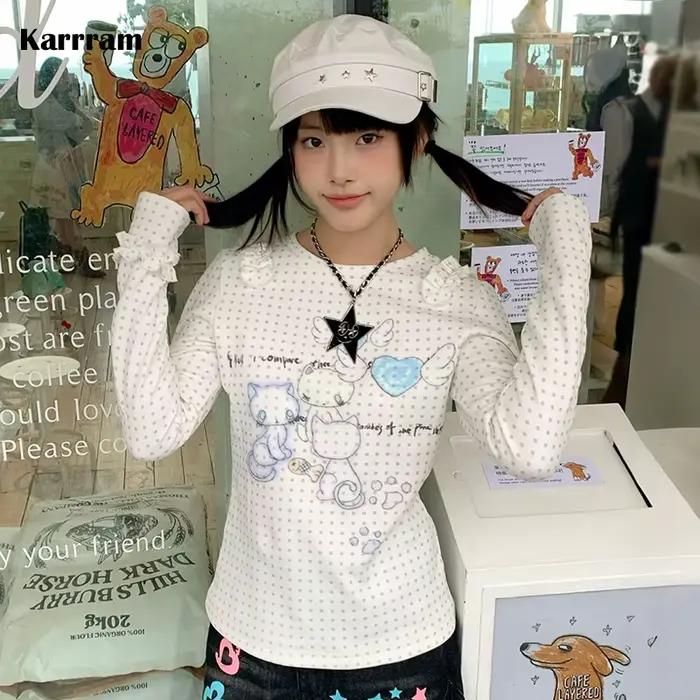 Karrram japonais Y2k Anime imprimé tricoté hauts 2000s esthétique à manches longues T-shirt Cutecore
