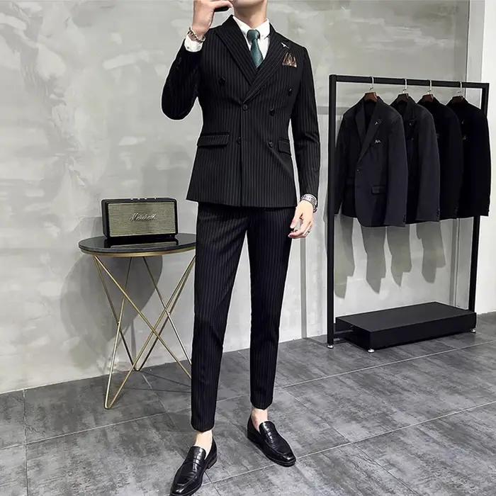 M-7XL ( Blazer + Pantalon) de luxe classique rayé hommes bureau officiel décontracté affaires double