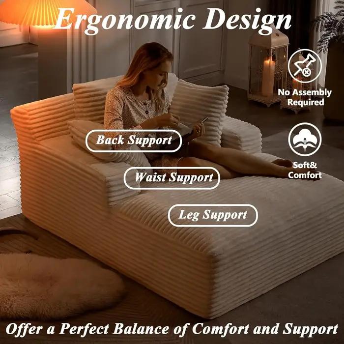 Chaise longue surdimensionnée velours côtelé avec 3 oreillers - Confort maximal pour salon et chambre