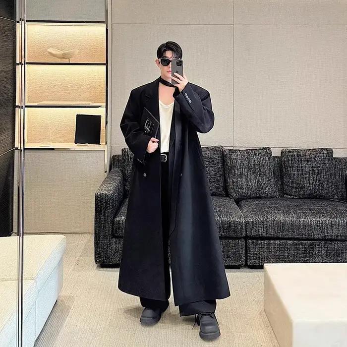 Mauroicardi printemps automne Extra Logn noir surdimensionné fluide doux Trench manteau pour hommes
