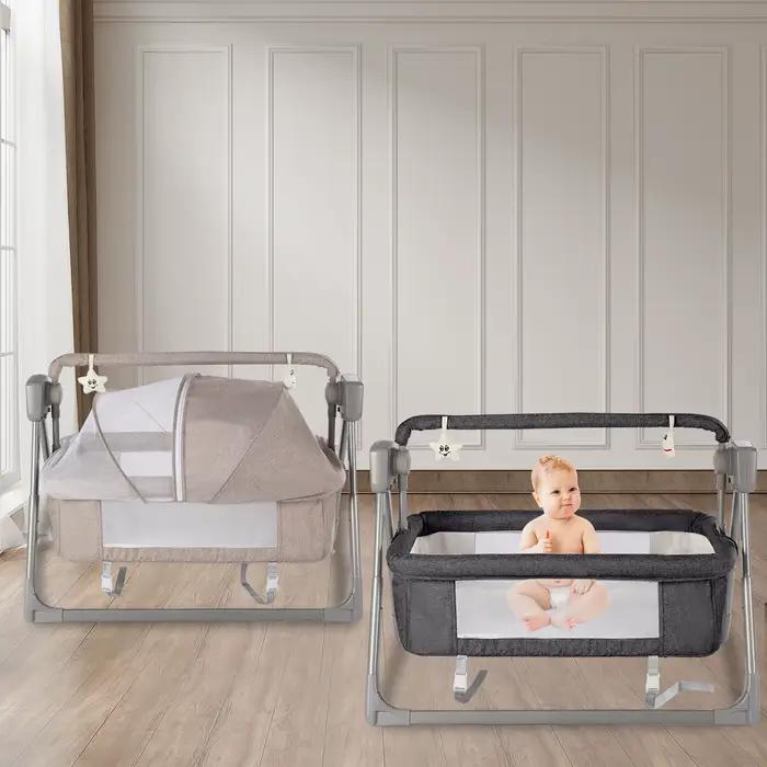 Berceau électrique gris/kaki, lit balançoire pour bébé, panier de berceau inclinable à bascule autom