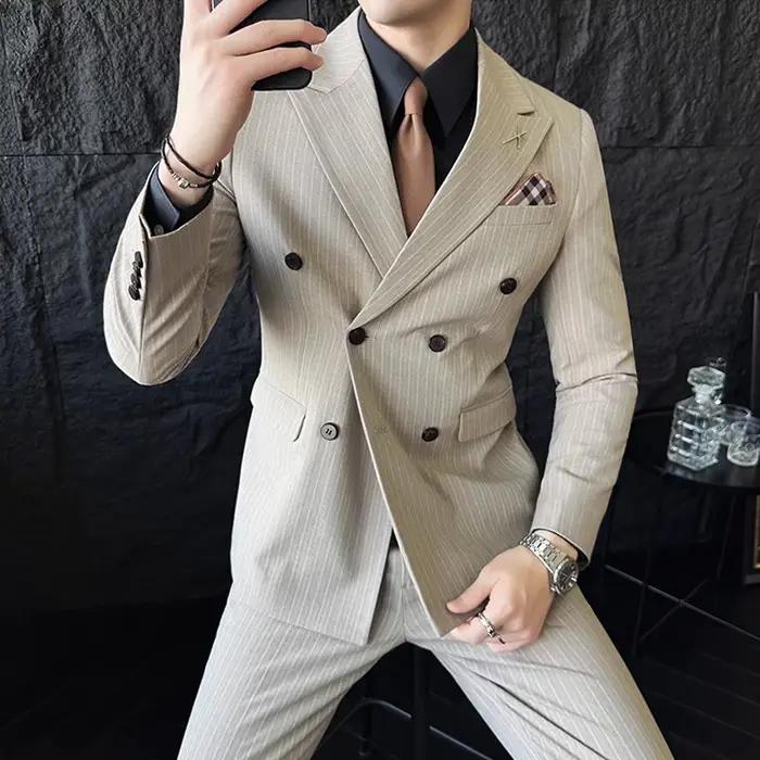 M-7XL ( Blazer + Pantalon) de luxe classique rayé hommes bureau officiel décontracté affaires double