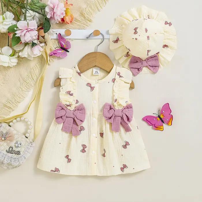 Robe bébé fille 0-9 mois 2 pièces avec chapeau - Imprimé nœud col rond volants nouveau-né