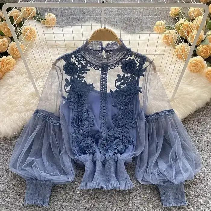 Dentelle bouffée à manches longues Blouse Vintage mode Blouses élégant Femme Blusas coréen Femme hau