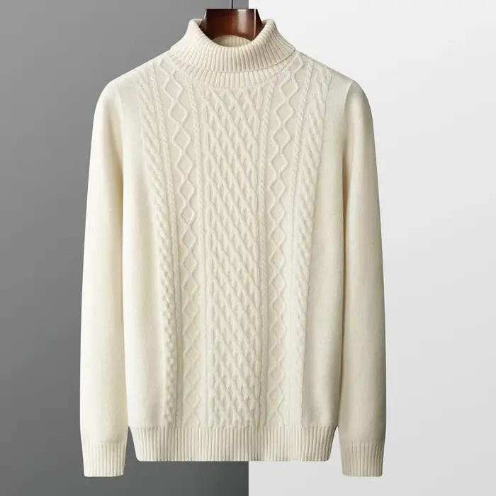 Nouveau automne et hiver 100% laine mérinos hommes col haut double brin épais jacquard pull pull tri