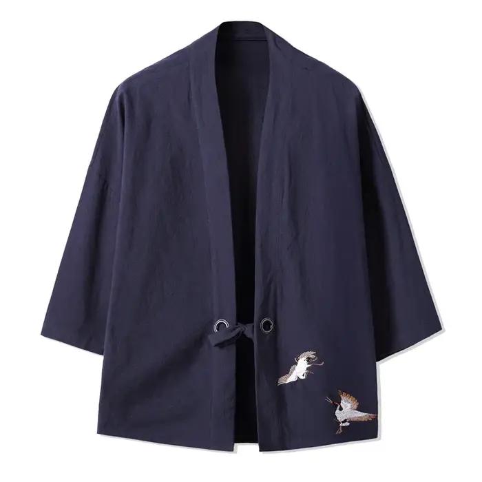 Hommes Kimono grue broderie Harajuku Style japonais Cardigan décontracté coton hommes samouraï Costu