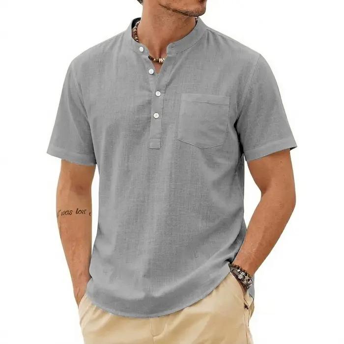 Chemise d'été décontractée pour homme à manches courtes, en lin de luxe uni, tendance, respirante, a