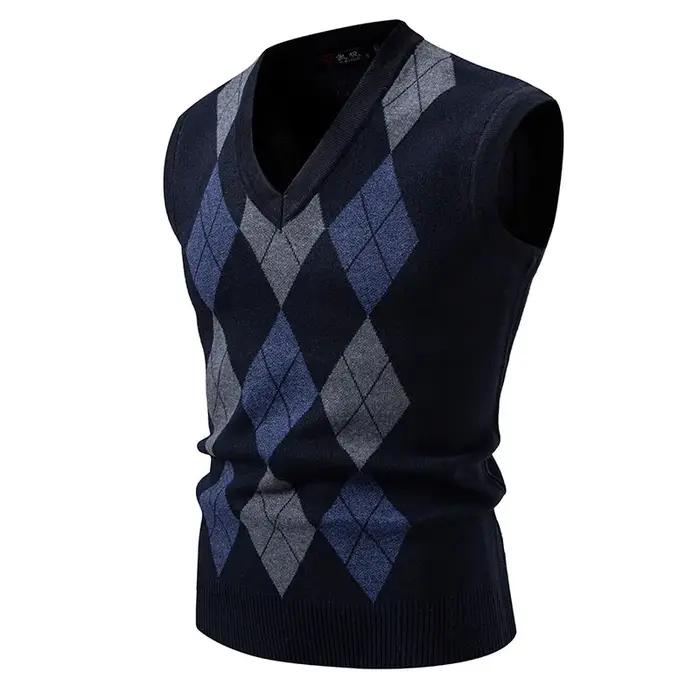 Nouveaux hommes Argyle tricots gilet col en V sans manches décontracté coupe ajustée pull tricoté pu