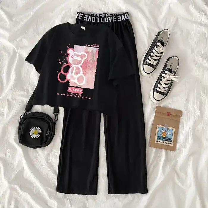 Ensemble de vêtements d'été pour filles de 5 à 14 ans, hauts et pantalons à la mode, ours de dessin