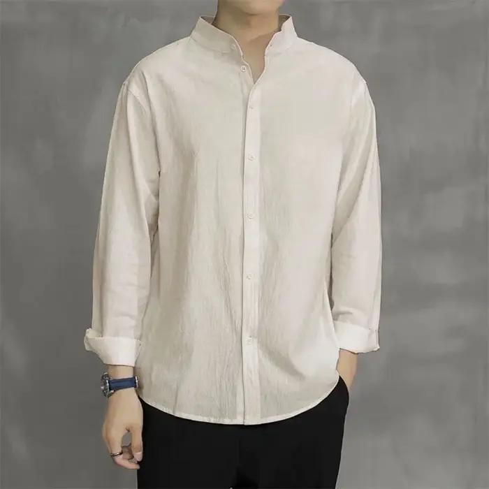 Chemise à manches longues pour hommes, couleur unie, coton et lin, col Henley, simple, respirant, St