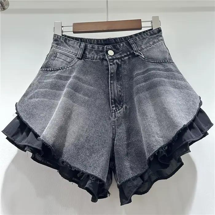 WTHT nouvelle mode femmes Patchwork ourlet lavage Denim Shorts 2025 été à la mode taille haute a-lig