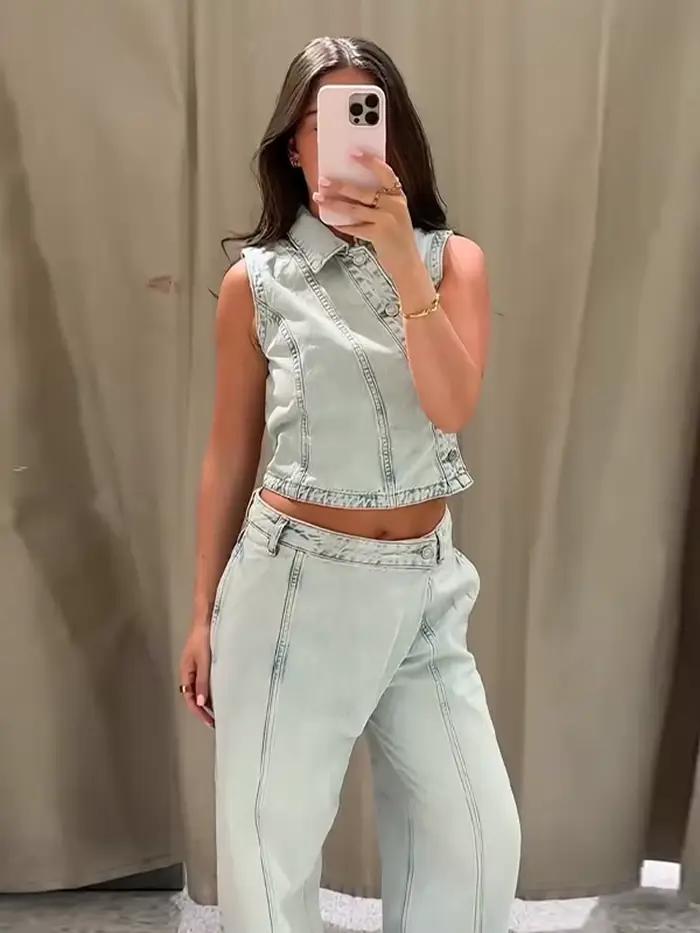 Nouvel ensemble 2026 : Gilet en jean et pantalon pour femme – Veste ajustée sans manches à revers et