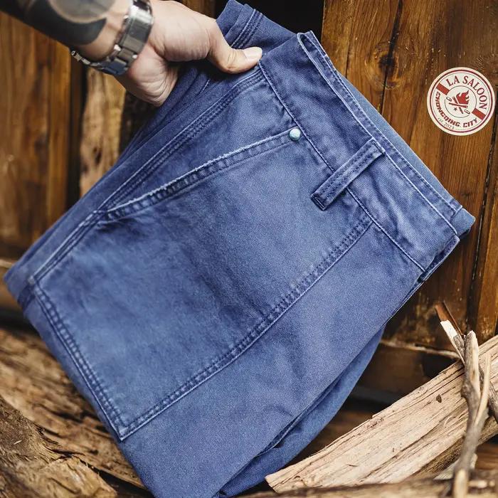 Maden – jean vintage en coton délavé pour hommes, pantalon de travail en toile bleue avec fermeture