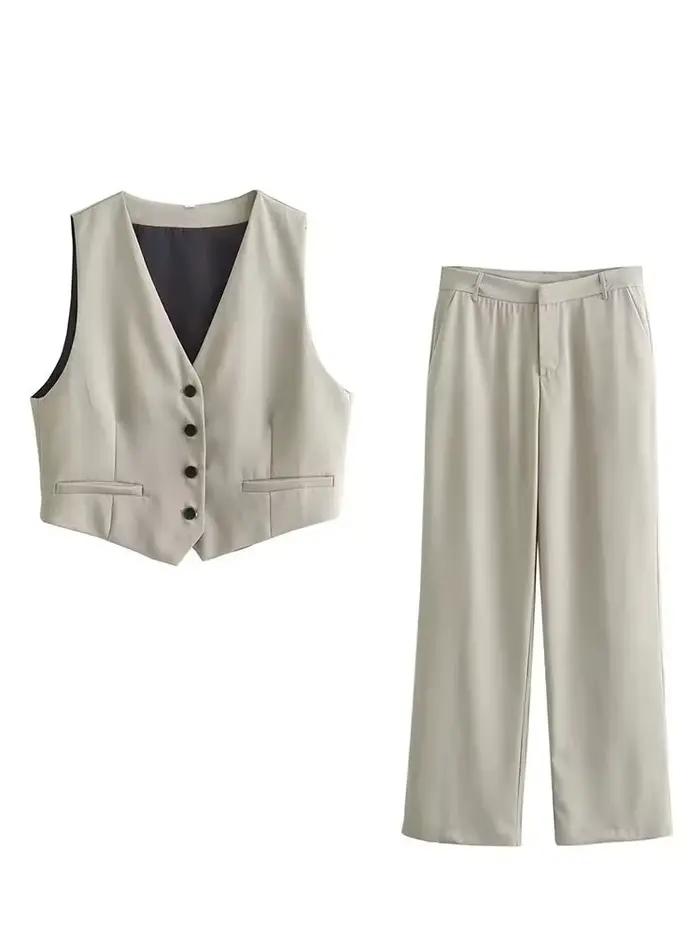 Ensemble 2 pièces pour femme : Gilet sans manches boutonné et pantalon large – Tenue décontractée po