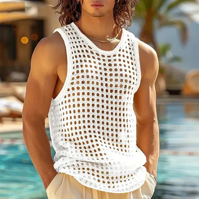 Nouveau Style américain mode hommes hauts vacances populaires évider maille gilets Sexy décontracté