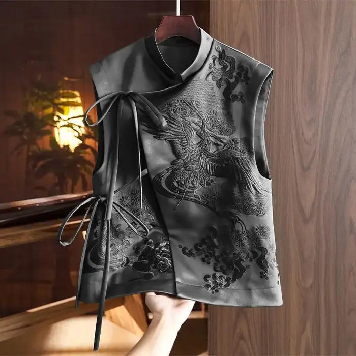 Gilet d'extérieur Vintage de Style chinois, grue blanche/fleurs, gilets à laçage brodés, vêtements é
