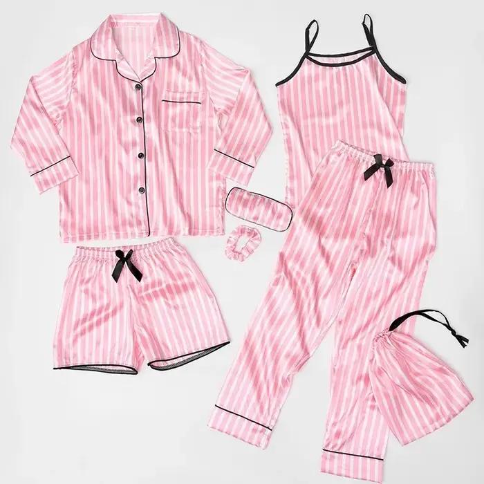 Ensemble pyjama rayé en soie pour enfants, 7 pièces, vêtements de maison, tenue de nuit confortable