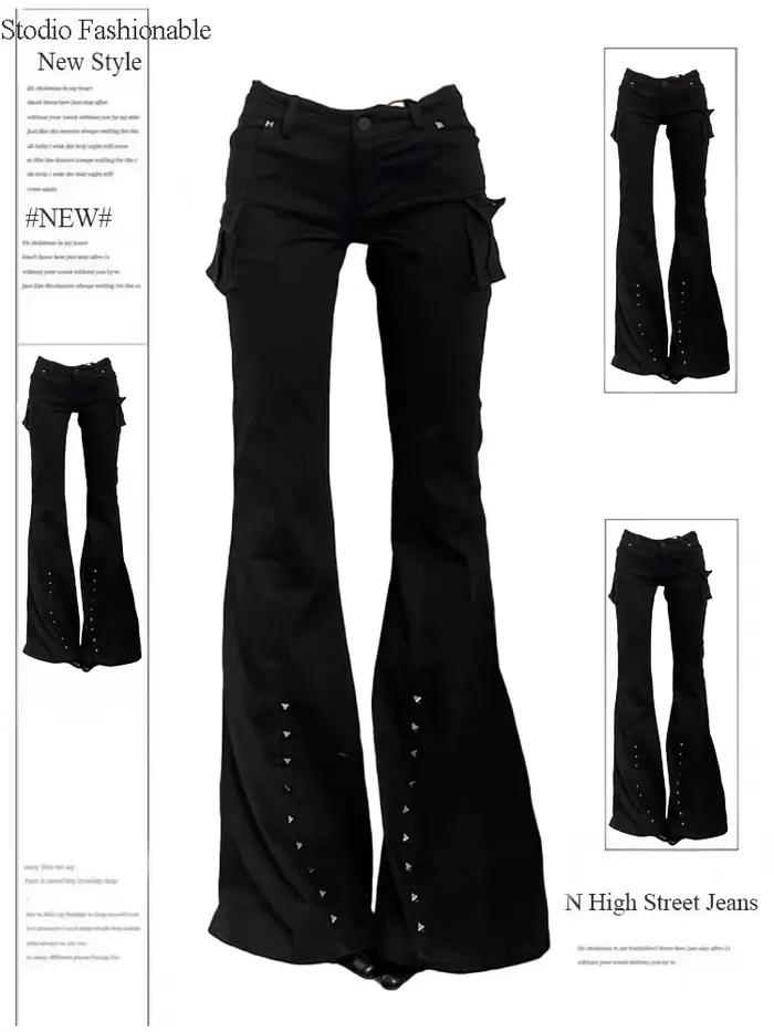 Pantalon Long évasé pour femmes, académique foncé, Goblin Core, Gyaru Goth, taille basse, Streetwear