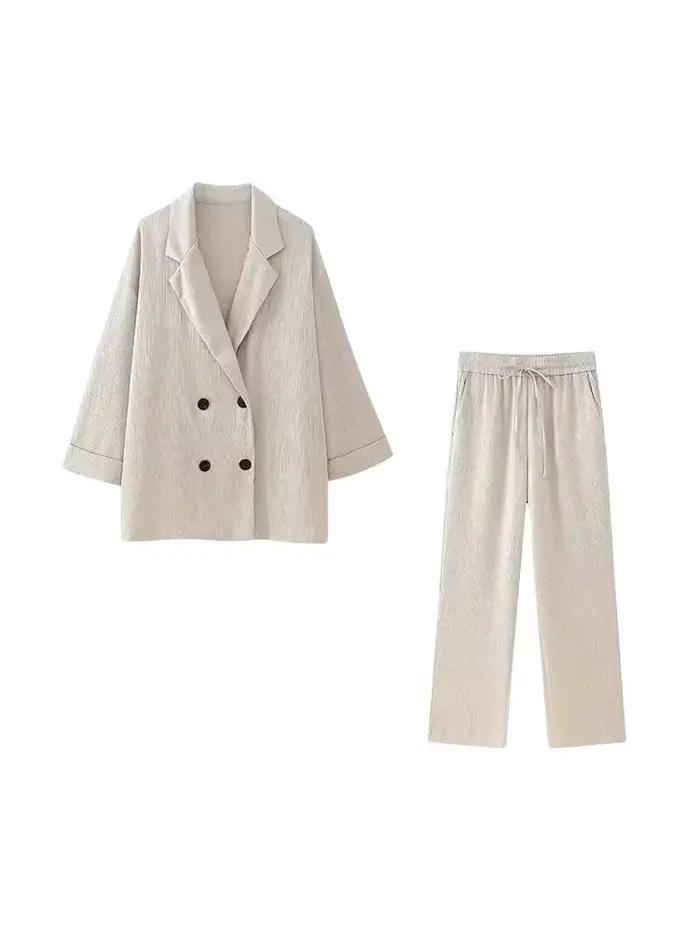 Manteau Blazer ample à Double boutonnage pour femmes, pantalon à jambes larges à taille haute élasti