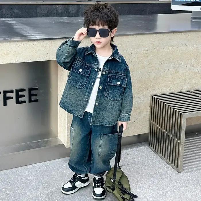 Ensemble en jean pour garçons, 2 pièces, vêtements pour enfants, veste en coton tendance, pantalon,