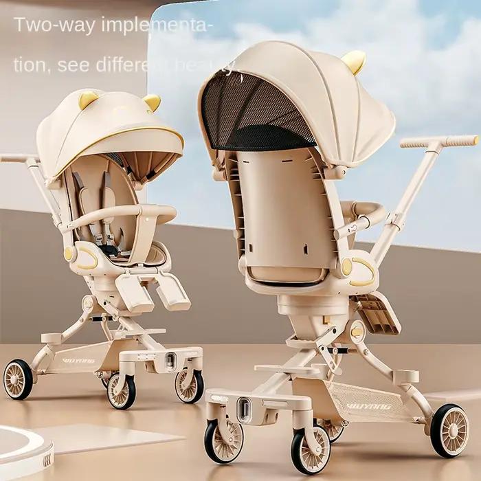 Poussette bébé à quatre roues légère et facile à plier avec roues pivotantes avant et roues de frein arrière pour vue haute et sécurité maximale pour promenade en famille et cadeau naissance