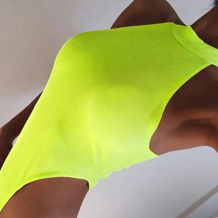 Sexy haute rue moulante néon body été coloré sans manches dos nu tenue de fitness Club fête Combinai
