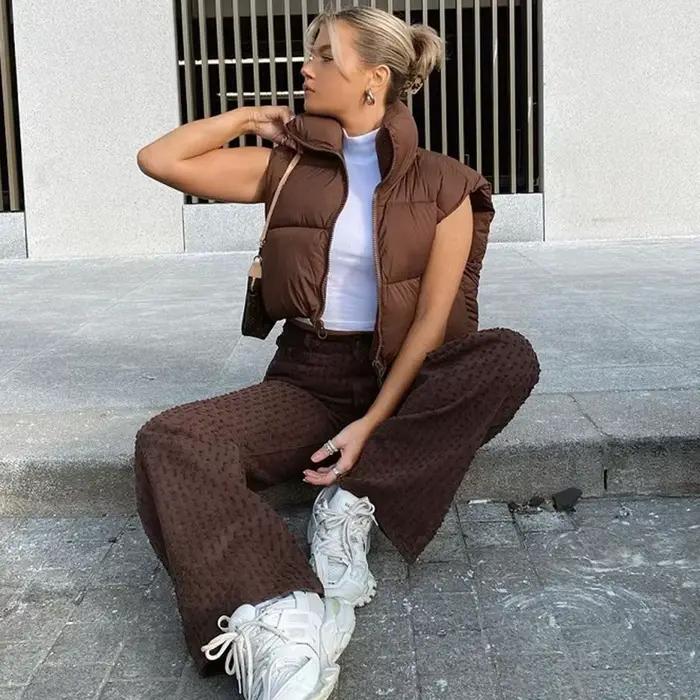 Gilet court sans manches pour femme, veste chaude à col montant avec fermeture éclair, manteaux cour