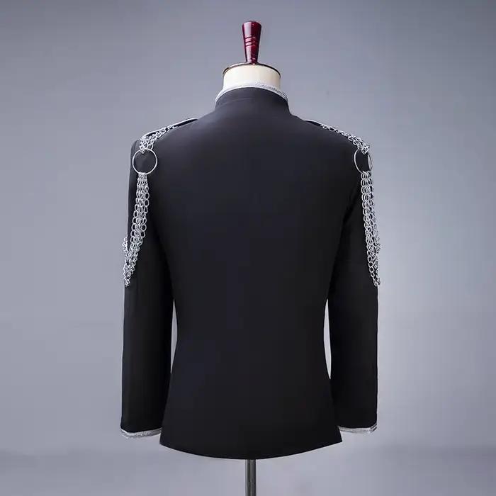 Blazer militaire noir avec chaîne argentée pour hommes, veste de spectacle de magicien pour chanteur