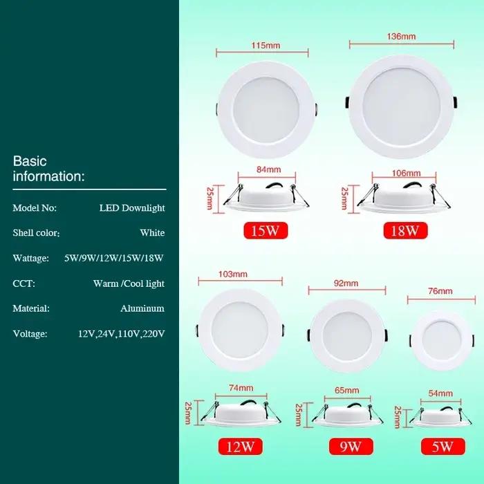 Lot de 10 spots LED encastrables blancs 5W 9W 12W 15W 18W, plafonnier LED rond DC 12V 24V AC 110V 22