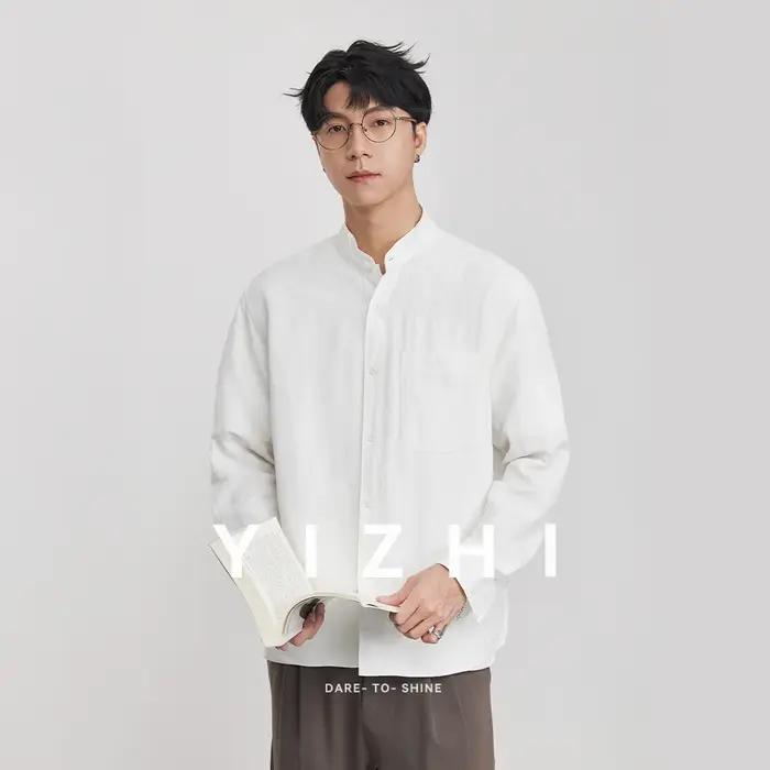 Chemise décontractée pour homme en lin, style chinois, col montant, printemps 2026, légèrement ample
