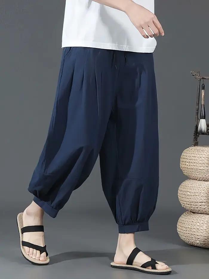 Short d'été en coton et lin pour hommes, Baggy, jambes larges, pantalon Capris décontracté, Sport, c