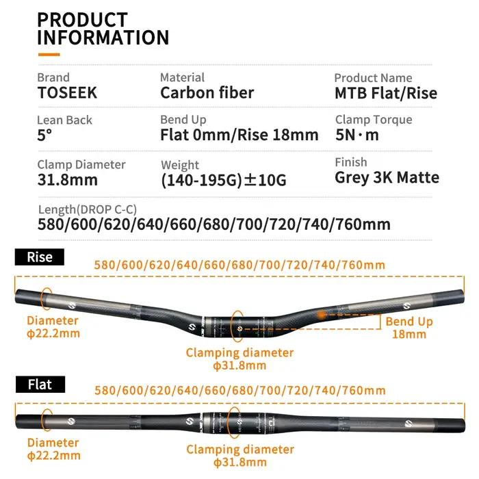 TOSEEK – guidon plat ou montant en carbone pour vtt, 31.8x580/600/620/640/660/680/700/720/740/760//m