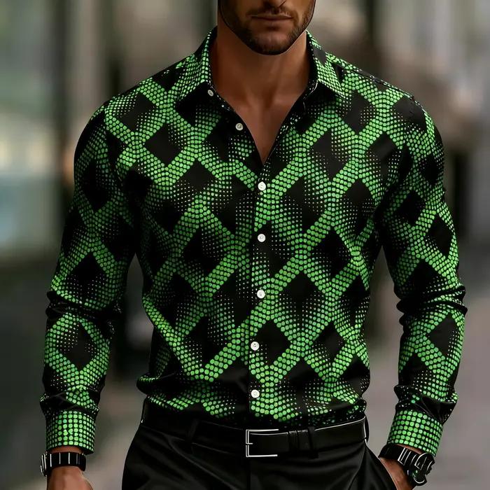 Chemise homme à manches longues imprimé géométrique, chemise boutonnée élégante, avec motifs carrés
