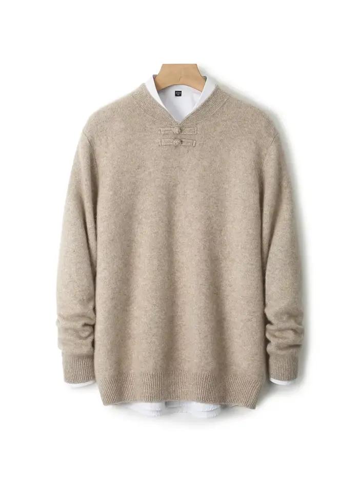 Nouveaux hommes 100% laine mérinos pull manches longues col montant pull cachemire doux disque boucl