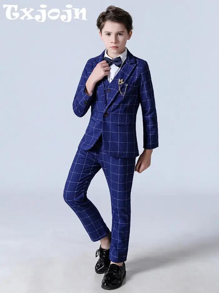 Ensemble de costume à carreaux bleu élégant, 5 pièces, tenue de spectacle de Piano, beaux garçons in