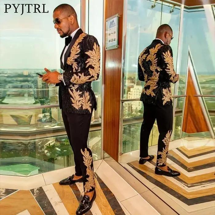 Ensemble de costume tendance pour hommes, avec des appliques de paillettes dorées, veste décontracté