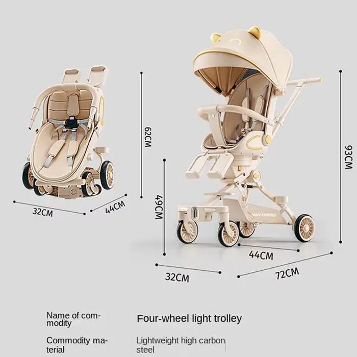 Poussette bébé à quatre roues légère et facile à plier avec roues pivotantes avant et roues de frein arrière pour vue haute et sécurité maximale pour promenade en famille et cadeau naissance
