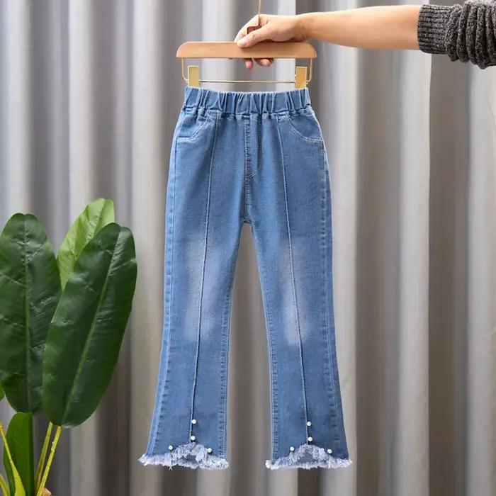 Jeans en dentelle perlée pour adolescentes, pantalons en denim pour filles, pantalons monochromes à