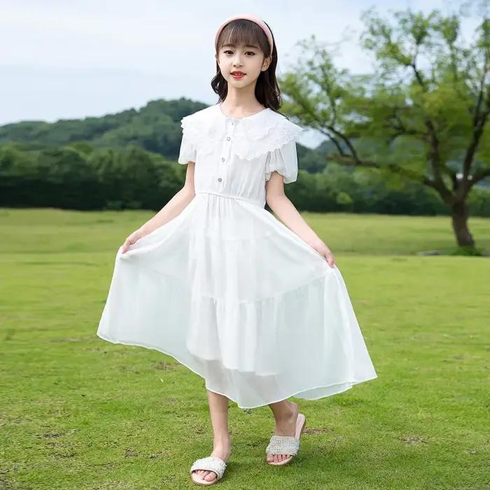 Robe de princesse en mousseline de soie pour adolescentes, vêtements éducatifs en dentelle blanche,