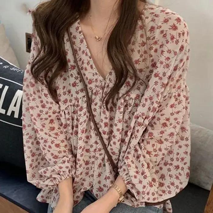 Col en v en mousseline de soie chemise femmes doux hauts Blouse 2025 printemps coréen imprimé fleuri