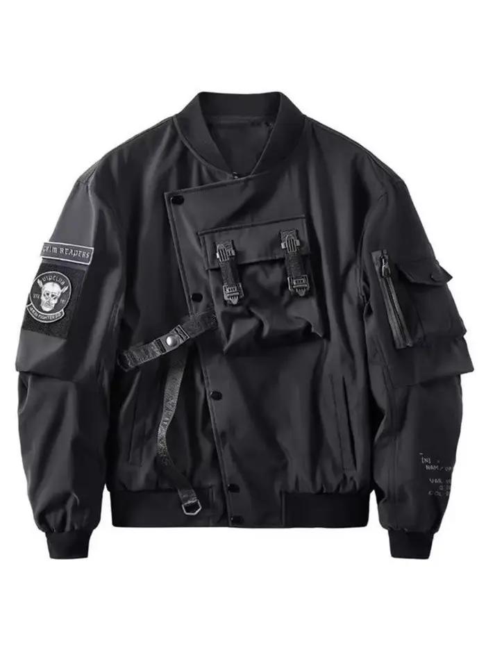 God of Death Bomber Jacket Poitrine Poche Techwear Hommes Punk Hip Hop Tactique Streetwear Noir Vars