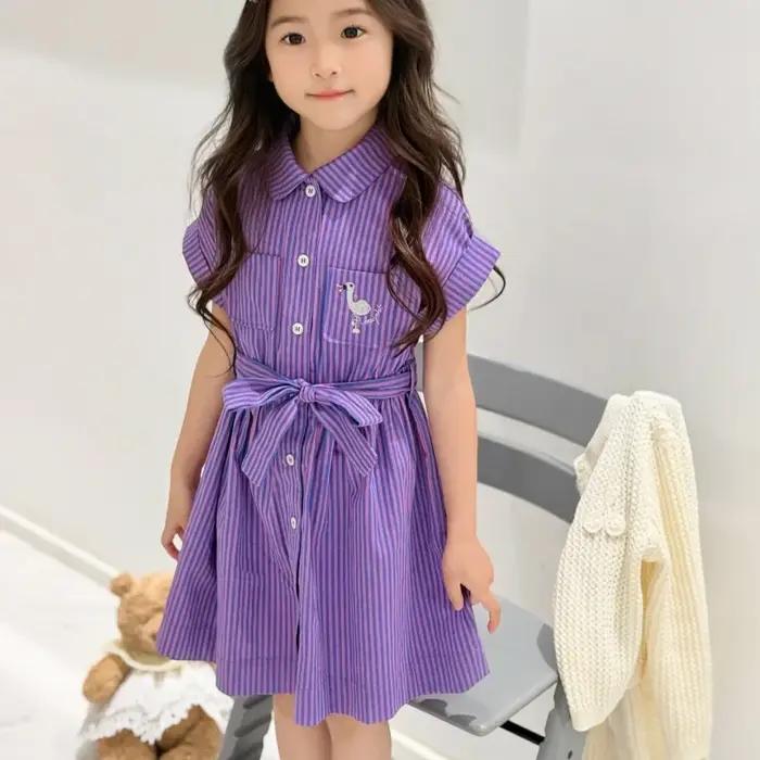 Robe chemise rayée violette pour enfants 2026, manches courtes, col montant, taille nouée, jupe trap